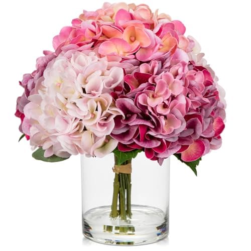 Image of Oairse Artificial Pink Hydrangea Flowers in Clear Glass Vase with Faux Water, 31CM Realistic Fake Flower Arrangement for Home Office Decor, Table Centrepiece, Living Room, Dining Table, Wedding
