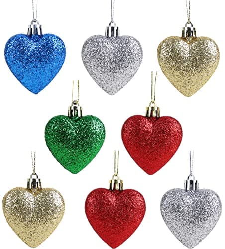 Image of Christmas Concepts® Pack of 8-60mm Heart Shaped Christmas Tree Baubles – Glitter Decorated Baubles (Multi Colour)