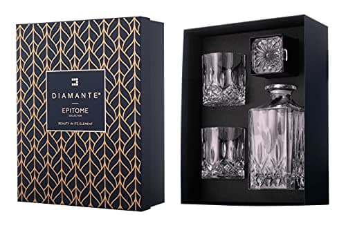 Image of DIAMANTE Whisky Set 3 Piece “Dorchester” Collection | 1 Crystal Decanter with 2 Crystal Tumblers in a Luxury Satin Lined Gift Box