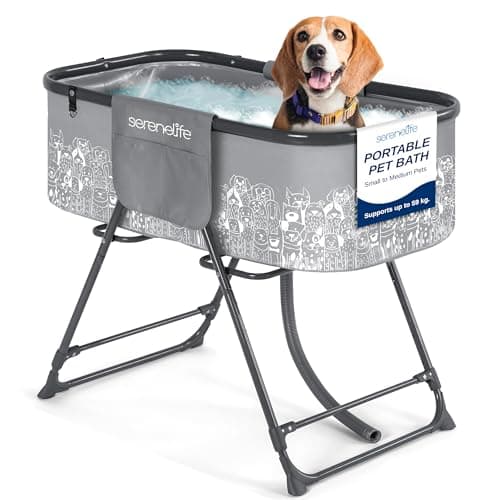 Image of SereneLife Portable Dog Bath Tub, Foldable Grooming Dog Washing Station, Large Puppy Bath with Adjustable Height, Drain Hose & Storage Pockets, 59Kg Capacity for Indoor/Outdoor Use (Gray)