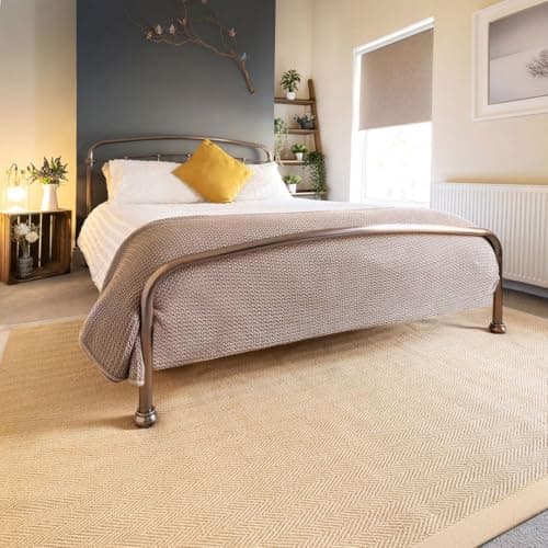 Image of Natural Sustainable Beige Cotton Border Herringbone Jute Area Rug Soft Durable Flatweave Mat Sisal Living Room Entrance Kitchen Hallway Carpet Rugs 120cm x 170cm