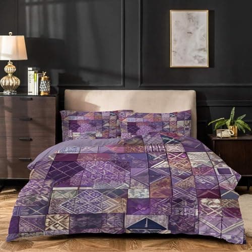 Image of dyausi Purple Duvet Cover Double Patchwork Printed Reversible Stylish Bedding Double Bed Set for Man Woman Soft Microfiber Quilt Cover Double Bedding 200x200cm + 2 Pillowcases 50x75cm