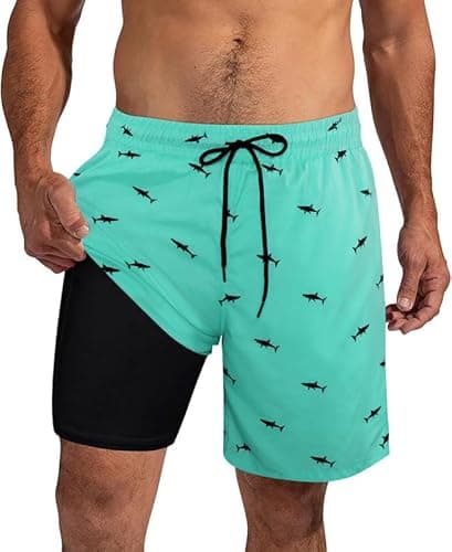 Image of XiaoMoSha Mens Swimming Shorts Men Swim Trunks with Compression Liner 7" Quick Dry 2 in 1 Board Shorts for Beach Surfing, Blue, XL