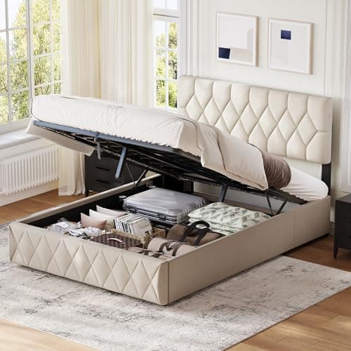 Image of Besbed Ottoman Double Bed Frame, 4ft6 Upholstered Storage Bed with Slats and Headboard, Velvet Fabric,Without Mattress (Cream, 135 x 190 cm)