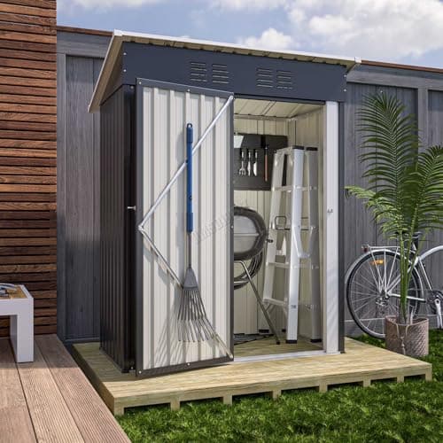 Image of BIRCHTREE Metal Garden Shed Pent Roof 3X5FT Small Outdoor Storage Cabinet Hinge Door No Foundation Base Anthracite
