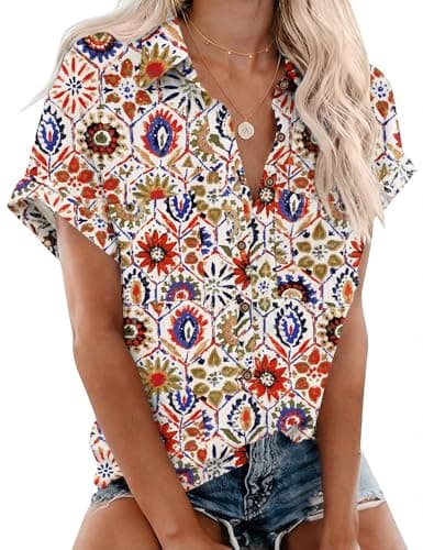 Image of Rapbin Womens Short Sleeve Blouses V Neck Collared Button Down Shirts Ladies Lightweight Summer Casual Tops for Work Holiday with Pockets(Multicoloured Floral,M)