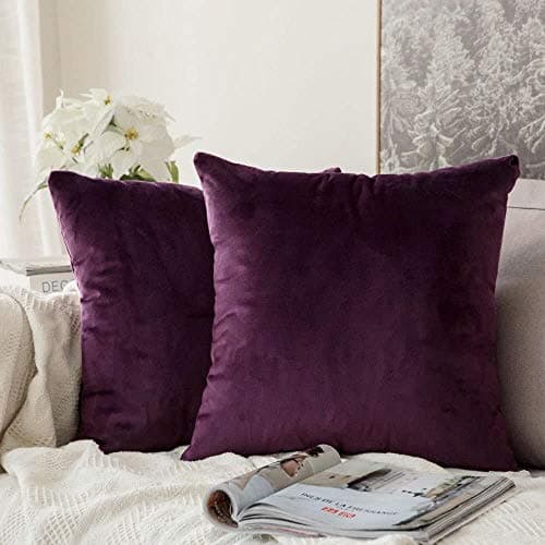 Image of MIULEE Decorative Velvet Cushion Covers 45cm x 45cm/Square Throw Pillowces for Sofa Bedroom with Invisible Zipper 18x18 Inch Aubergine Purple Sets of 2
