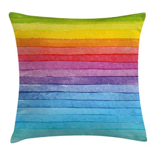 Image of Proud Clothing Abstract Decor Throw Pillow Cushion Cover, Rainbow Colored Horizontal Striped Lines Bright Hand Drawn Artistic Cute Design, Decorative Square Accent Pillow Case, 18X18 Inches, Multi