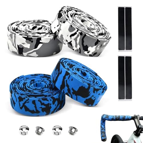 Image of Hiuyavy Bike Handlebar Tape, 4 Rolls Road Bike Handle Tape, Bicycle Bar Tape Breathable Non-Slip Shock-Absorbent for Road Bike and Urban Bikes with Handlebar Plugs(White Blue)