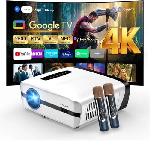 Image of Smart Google TV Projector 4K HDR10+, 2500ANSI Daytime Home Karaoke Projector with 2 Mics 35W*2 Dolby HDMI ARC Auto Lens Cap ToF Autofocus Projectors with WiFi6 & Bluetooth for Outdoor Movie Gaming KTV