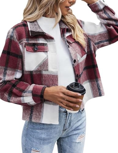 Image of Zeagoo Women's Plaid Jacket Long Sleeve Shacket Coat Flannel Short Transitional Jacket Autumn Jackets for Women Wine Red 14