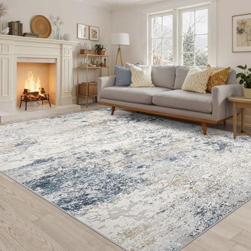 Image of DMOYEST Washable Rugs Living Room 200x300cm - Large Abstract Neutral Modern Soft Non Slip Low Pile Kid Pet Friendly Carpet for Bedroom Dining Home Office - Beige/Blue