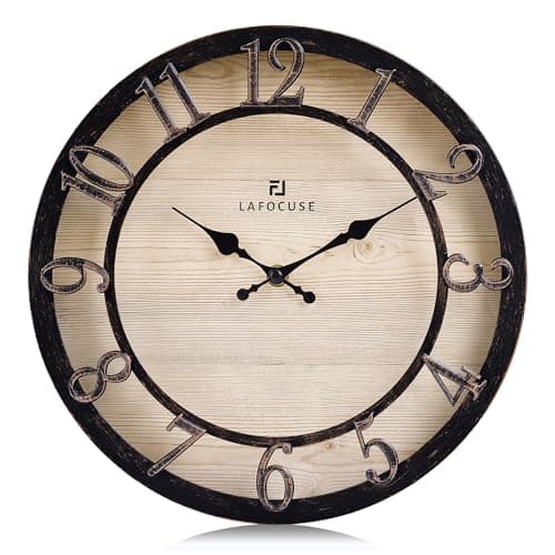 Image of Lafocuse 12 Inch Rustic Black Wall Clock Silent Non Ticking, Farmhouse Kitchen Clocks Battery Operated, Vintage Clock with 3D Easy to Read Numerals for Living Room Bedroom