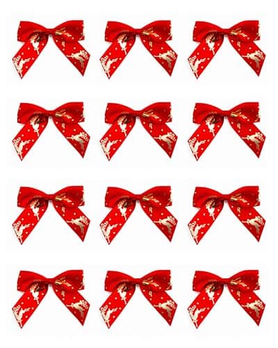 Image of Italian Options Reindeer Stag Ribbon Bows, Self-Adhesive Satin Christmas Gift Bow Decorations for Gift Wrapping, Crafts, Wreaths, Crafting Accessories, Gold Reindeer Red Satin, 12 Pack, 5 cm