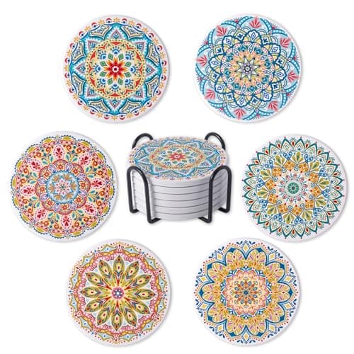 Image of STARUBY Drink Coasters Set of 6 Ceramic Coaster Beautiful Absorbent Coaster Drink Mat with Cork Base Flower2 Patterns Round Coaster Non Slip for Coffee,Beer,Mug,Wine Glass Bottle,Home and Bar