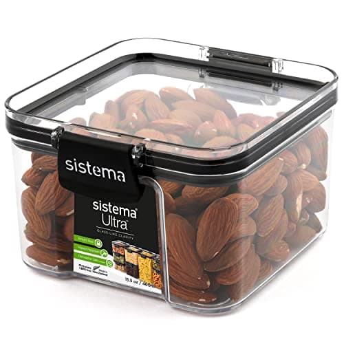 Image of Sistema Ultra Airtight Pantry Storage Container | 460 ml Square Food Storage Container | Stackable | with Locking Clips | BPA-Free | Clear with Black Accents
