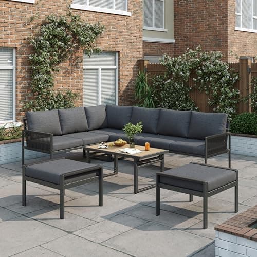 Image of ModernLuxe 7–8 Seater Garden Furniture Set, L-Shaped Corner Sofa with Polyester Rope, Outdoor Patio Dining and Lounge Set with Height-Adjustable Coffee Table and Compact Stools, Weatherproof, Grey