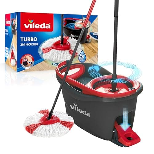 Image of Vileda Turbo 2in1 Spin Mop & Bucket Set with Foot Pedal | Telescopic Handle (Up to 123cm) & 2in1 Microfibre Mop Head | Deep Cleaning, Removes 99% of Dirt with Water | Eco‑Friendly Amazon Packaging