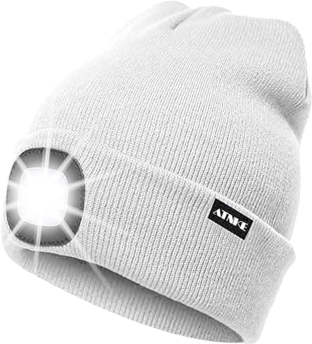 Image of ATNKE LED Lighted Beanie Cap,USB Rechargeable Running Hat Ultra Bright 4 LED Waterproof Light Winter Warm Gifts for Men and Women/White