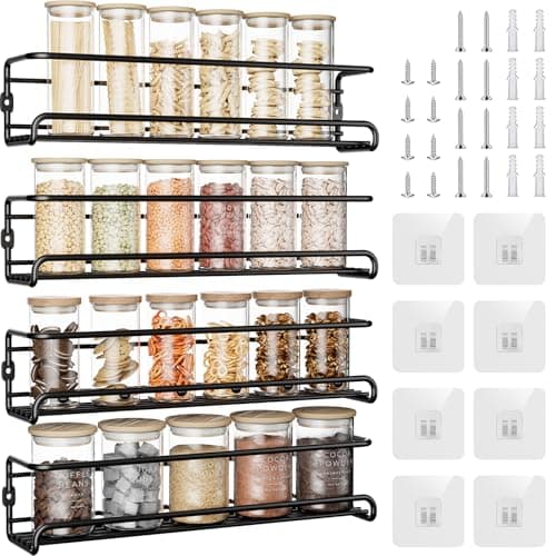 Image of Dayacoco 4-Tier Wall Mounted Spice Rack, Space-Saving Spice Organiser with Adhesive Hooks & Screws, No Drilling Spice Storage for Spice Jars, Seasonings, Kitchen Cupboard & Door (Black)