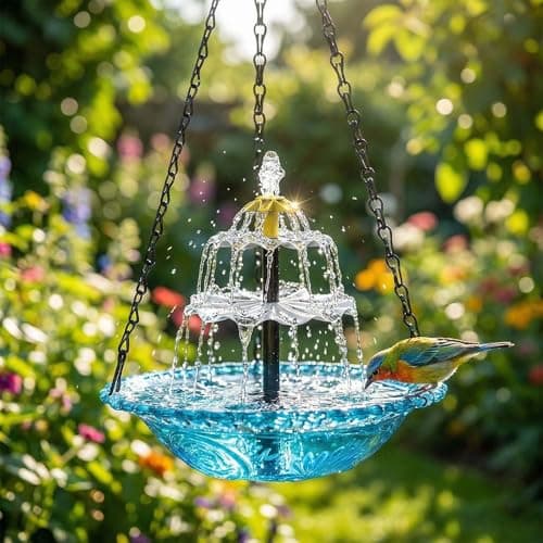 Image of Solar Cascade Hanging Bird Bath Fountain, Outdoor Solar Powered Bird Bath and Feeder with Water Pump for Wild Birds & Hummingbirds, Decorative Hanging Water Feature for Garden, Patio