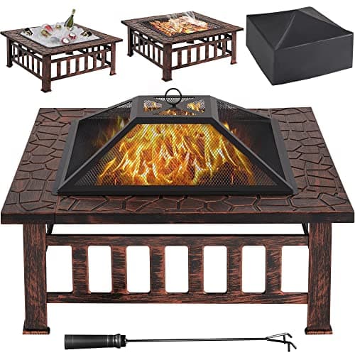 Image of Yaheetech Square Fire Pit, 86cm Outdoor Patio Heater Table for Barbecue, Heating, Cooling Drinks w/Cover & Poker, Wood & Charcoal Burning, Copper