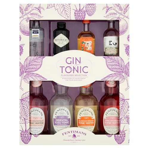 Image of Fentimans Flavoured Tonics (4x200ml) & 4x5cl Gins Selection Gift Box. Contains: Sipsmith Orange, Edinburgh Gin's Rhubarb & Ginger Liqueur, Hendricks, and Martin Miller's
