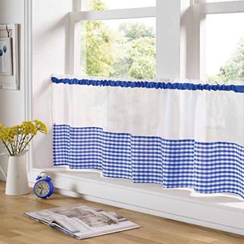 Image of Alan Symonds Gingham Slot Top Voile Cafe Curtain Panel (59" x 18", Blue)