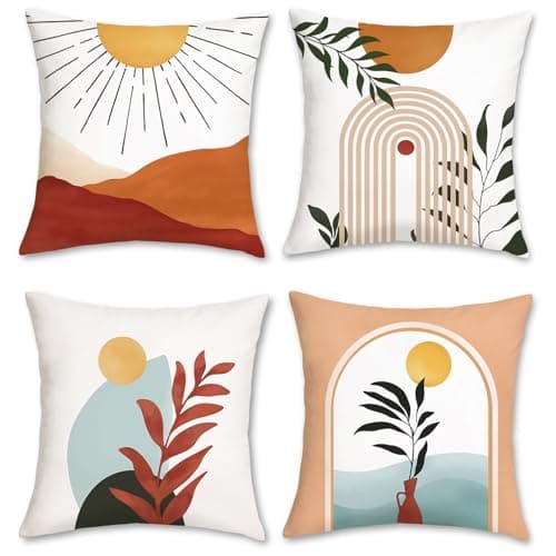 Image of Bonhause Boho Leaf Cushion Covers 45 x 45 cm Sun Arch Abstract Decorative Throw Pillow Covers Modern Minimalist Pillowcases for Sofa Patio Garden Decor Set of 4