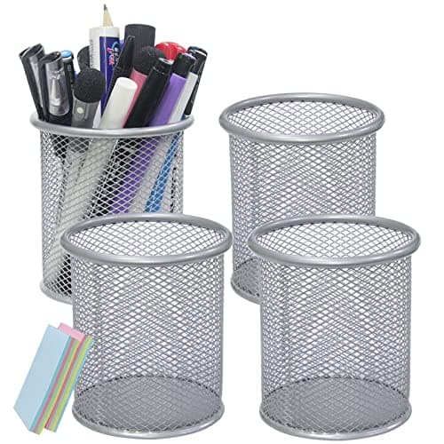 Image of DARUITE Pen Pot, 4PCS Round Metal Mesh Pen Holder for Desk, Multifunctional Pencil Pot, Desk Tidy Organiser for Office Home School, Silver