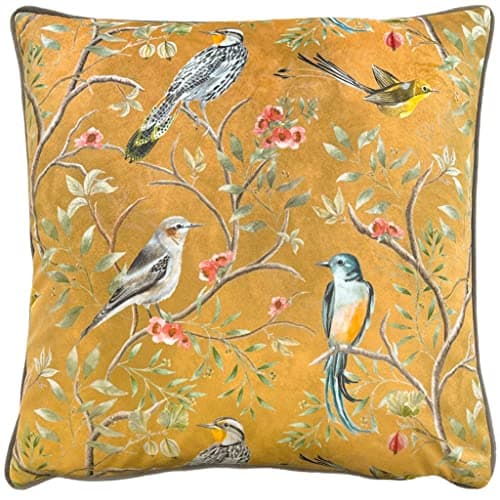 Image of furn. Wylder Tropics Orient Cushion Cover – Velvet Chinoiserie Birds Floral Design (Gold – 43 x 43 cm)