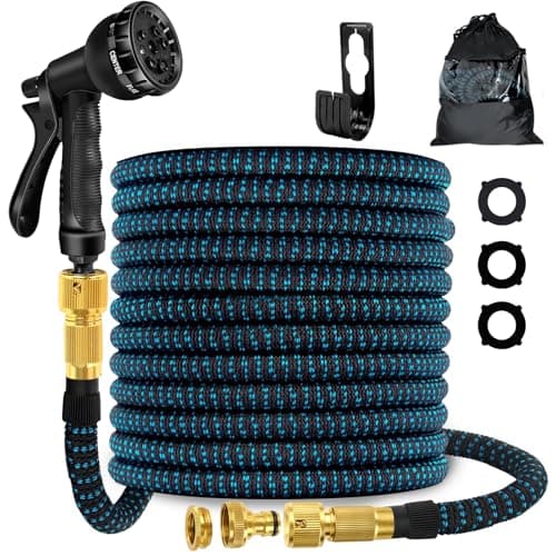 Image of Flexible Expandable Garden Hose 30m 100ft with 8 Function Spray Nozzle, 3X Durable Expanding Water Hose with 3/4" 1/2" Anti-Leak Brass Connectors for Gardening, Lawn, Car Washing & Patio Use
