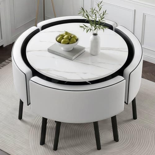 Image of Dining Table and Chairs Set of 4, 5 Pieces Round Kitchen Table with 4 White Black Chairs, Space Saver Dining Room Set Furniture for Home Living Room Restaurant, White (Round Black White)