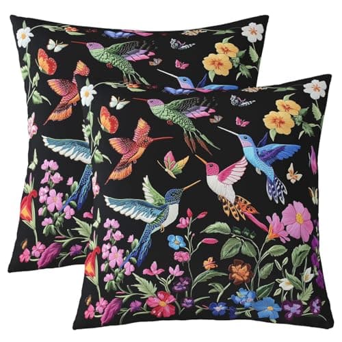 Image of Homemissing Birds Reversible Throw Pillow Covers 55x55cm Flowers Pillow Covers Home Decor Boho Square Cushion Covers Set of 2 Carbon Black Throw Pillowcases for Sofa Couch Chair