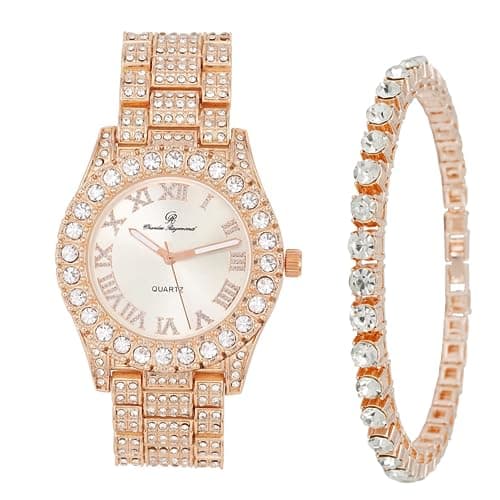 Image of Charles Raymond Women's Big Rocks Bezel Colored Dial with Roman Numerals Fully Iced Out Watch - ST10327LA, ST10327LA (Rose Gold - TB), Hip Hop, Blinged Out, Iced Out, Luxury Dress Watch
