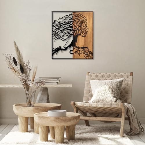 Image of Decorative Wooden Wall Accessory, Black & Walnut, 50 x 3 x 58 cm, 50% Wood (3 cm) & 50% Metal (1.5 mm), Unique Design, Perfect for Home Decor