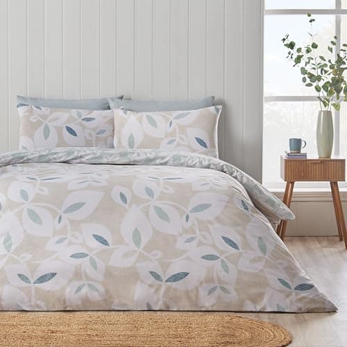 Image of Catherine Lansfield Inga Leaf Reversible Double Duvet Cover Set with Pillowcases Natural