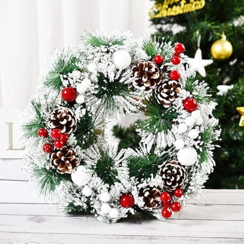 Image of LATERN 30CM Christmas Wreath, Artificial Christmas Front Door Wreath Merry Christmas Pine Garland with Pinecones Red Berries Snowflake Snowballs for Door Wall Fireplace Window Xmas Tree Decoration