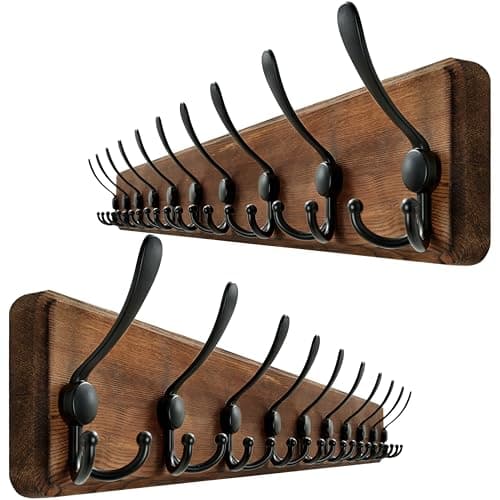 Image of WEBI Coat Rack Wall Mount,98cm Long,10 Hooks,Wood Coat Hooks Wall Mounted Coat Hanger Wall,Hook Rack Rail,Triple Hooks for Hanging Coats,Clothes,Jacket,Hats,Rustic Brown,2 Packs