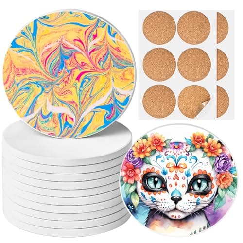 Image of Ceramic Tiles for Crafts, GOH DODD 12 Pack Unglazed Blank Coasters White Tiles with 12 Cork Backings for Alcohol Ink, Painting, Acrylic Pouring, Art Projects, Housewarming Gifts Wedding, Round, 4 Inch