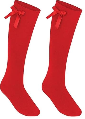Image of reshmena® 1 Girls Knee High School Socks Cotton Socks with Fluffy Ribbons Bow Back to School Socks Uniform Party Wear Socks Kids Long Socks Size 9-12 Red KHB