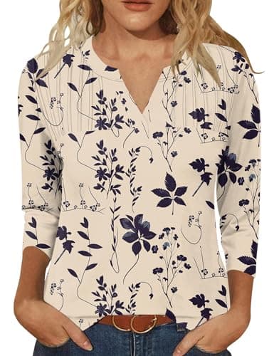Image of IECCP Women Blouses 3/4 Length Sleeve Tops V Neck Summer Pleated Blouse Ladies Elegant Business Shirts Apricot Black Floral S