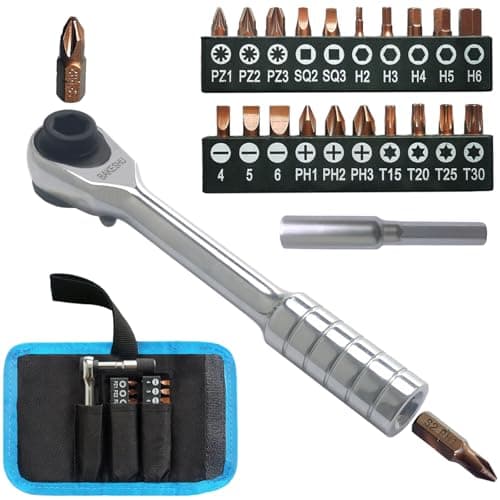 Image of Mini Ratchet Screwdriver Set, Right Angle Screwdriver,Short Offset Screwdrivers with Phillips, Flat, Torx, Hex, Square,Pozidriv S2-Alloy Steel Bits (72-Teeth)