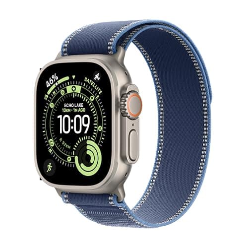 Image of Apple Watch Ultra 3 GPS + Cellular 49mm Premium Running and Multisport Smartwatch with Rugged Natural Titanium Case with Blue/Bright Blue Trail Loop S/M. Advanced Health and Fitness Tracking