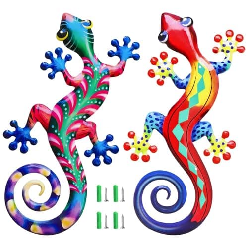 Image of EEEKit 2PCS Large Metal Gecko Wall Art Decor, 15in Creative Lizard Wall Hanging Decoration for Indoor Outdoor Garden Patio Fence Home Bedroom Ornaments