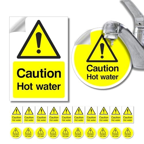 Image of Caution Hot Water Safety Signs, Comprehensive kit, Self Adhesive Vinyl 20Pcs, Health & Safety Compliant, Waterproof -Oil proof,Caution hot water stickers, Two Designs, Industrial, Schools, Hospitals
