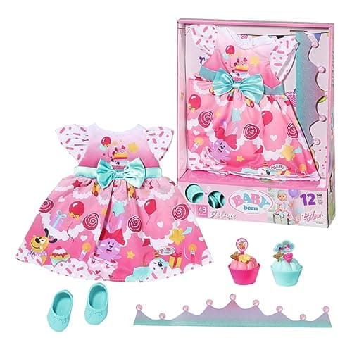Image of Baby born Deluxe Birthday Party Dress Set 834152 - Accessories for Dolls up to 43cm - Includes Dress, Tiara, Shoes, and Cupcakes - Suitable for Kids from 3+