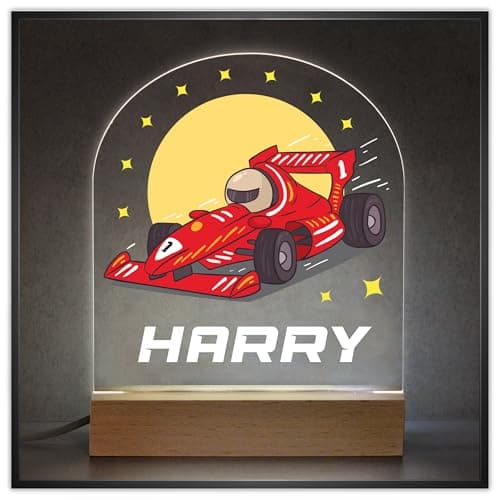 Image of Red Racing Car Bedroom Night Light with Childs Name, Personalised LED Night Light For Boys, Boys Nursery Bedroom Decor, Boys Sleep Light Lamp, Racing Car Gifts for Boys Birthday Christmas