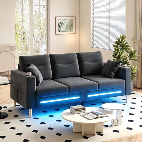 Image of Gersztai 3 Seater Sofas,190cm Chenille Fabric Sofa with LED Light and Cup Holders&Pillows&Storage Pockets,Modern Deep Seat,Sofas Cloud Couch with Armrests for Living Room,Requires assembly(Dark Grey)