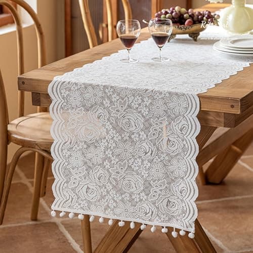 Image of Gsrhzd Table Runner, 45 x 240CM White Lace Exquisite Table Runners for Dining Table, for Wedding Bridal Baby Shower Birthday Party Cake Table Decorations